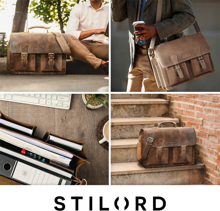 STILORD 'Jeffrey' Lehrertasche Aktentasche Leder Grosse Vintage Ledertasche zum Umhängen 15.6 Zoll L