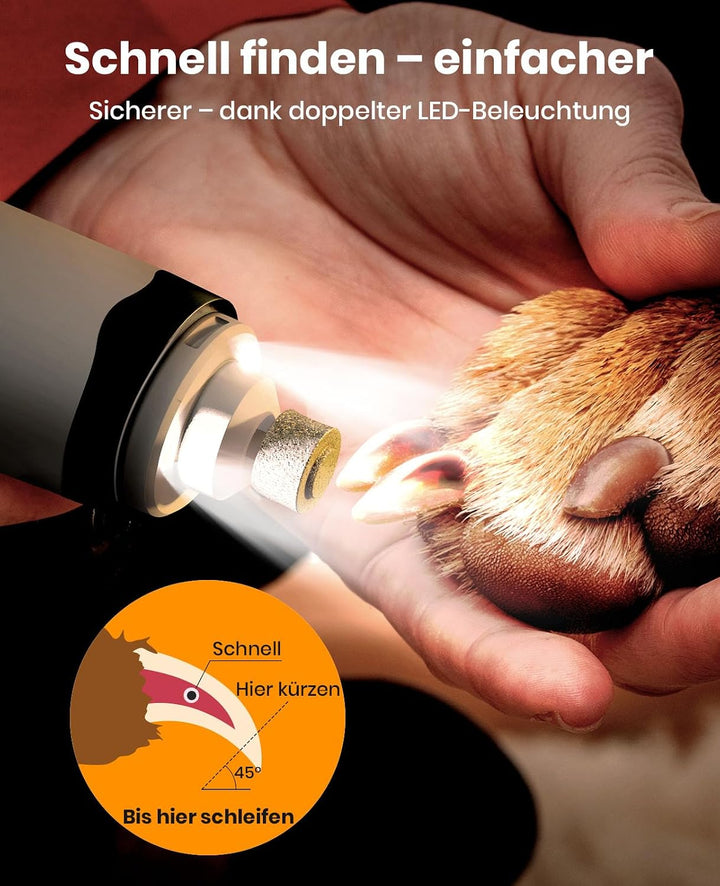 oneisall 2in1 Pfotentrimmer für Hunde + Krallenschleifer für Hunde | Leise 35dB, 2-LED-Leuchte, USB-