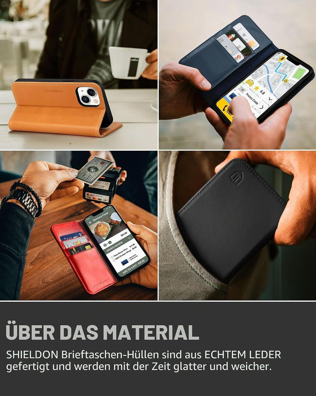 SHIELDON Hülle für iPhone 13 Mini, RFID-Sperre Handyhülle [Echtleder] [Stossfest ] [Standfunktion] [
