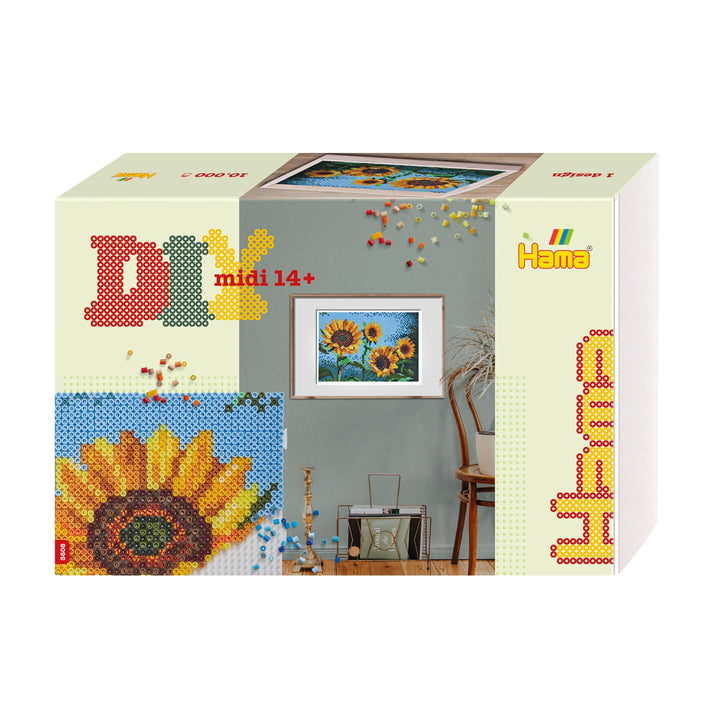 Hama Perlen 3608 Grosse Geschenk-Box Sonnenblumen mit ca. 10.000 bunten Midi Bügelperlen mit Durchme