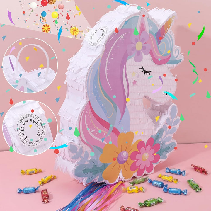 Einhorn Piñata Set mit 10 Haarspangen, Komplettes Piñata Partyspiel, Einhorn Partytüten Füller, Gast