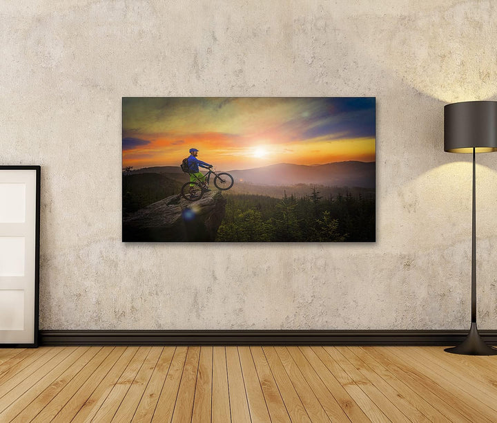 islandburner Bild auf Leinwand Mountainbiker Sonnenuntergang auf Fahrrad MTB Cross Country Downhill
