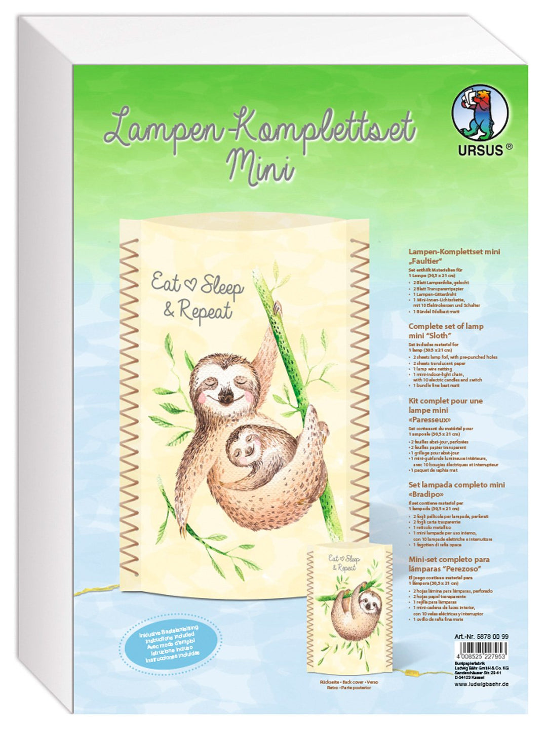 Ursus 58780099 - Lampen Komplettset Mini, Faultier, ca. 30,5 x 21 cm, Kinder Bastelset für eine Lamp