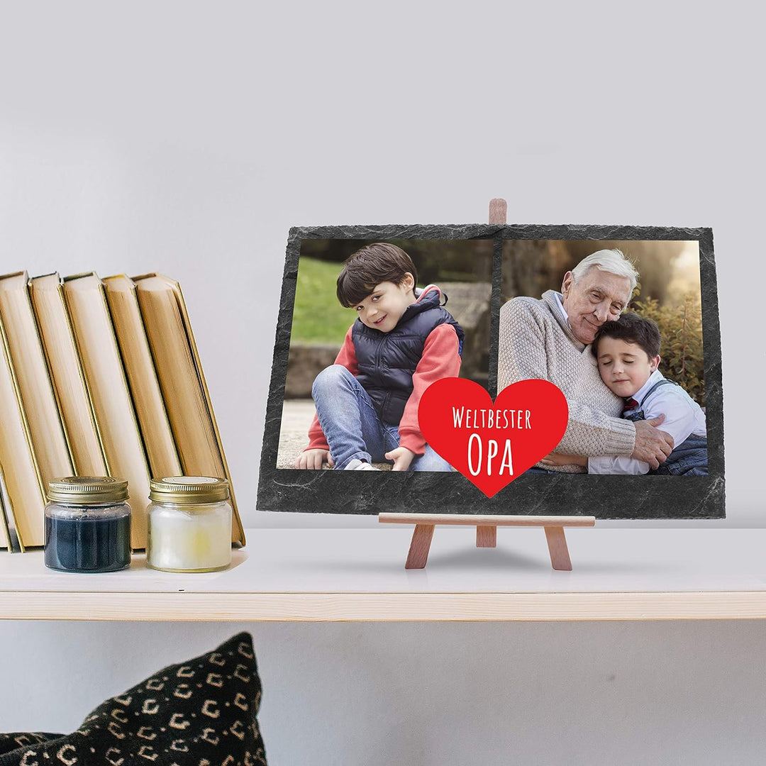 wandmotiv24 Schiefertafel Bester Opa mit Holz-Staffelei, Personalisiert mit 2 Farb-Fotos, Digitaldru