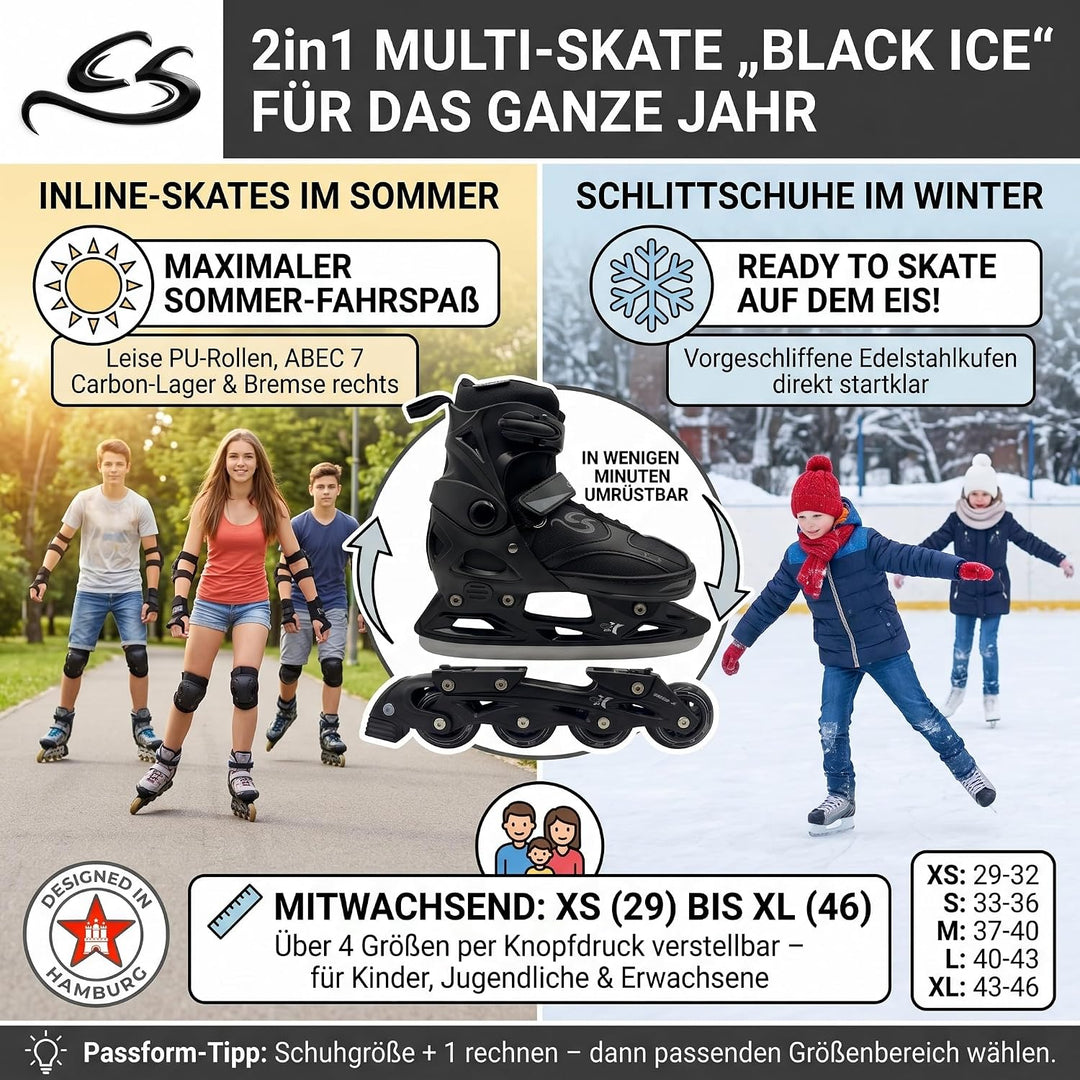 Cox Swain Black Ice 2in1 Inliner &amp; Schlittschuhe - Grössenverstellbare Kombi Skates &amp; Eislaufschuhe