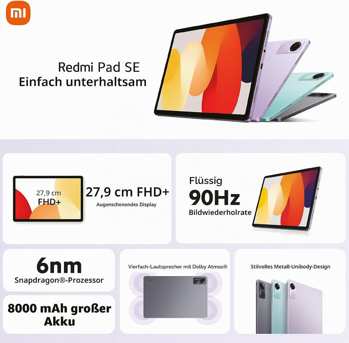Xiaomi Redmi Pad SE Android Tablet, 11" FHD+Display, WiFi, 8000mAh Akku, MIUI 14, 4+128G(1TB TF), Vi