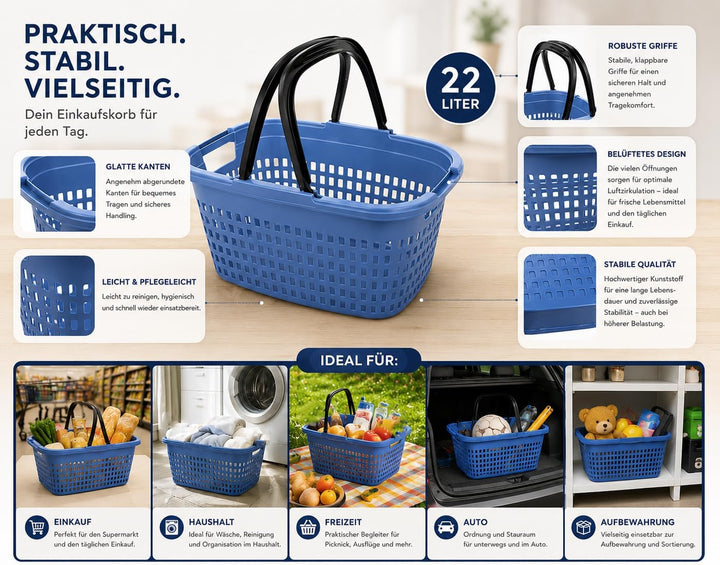 HRB 3er Set Einkaufskorb mit 2 Henkeln klappbar blau, Kunststoff, Belüftungslöcher Blau 3, Blau 3