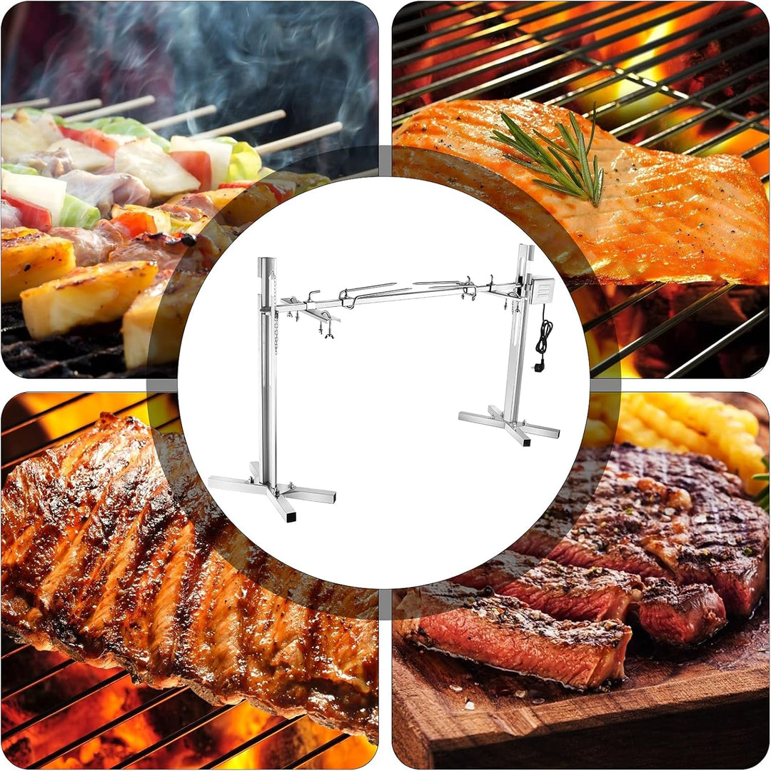 Elektrischer Drehspiess für Grill, 15W Motor mit 360° Rotation, höhenverstellbar 38-62 cm, Edelstahl