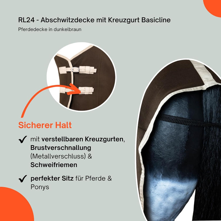 RL24 - Abschwitzdecke BASICLINE mit Kreuzgurt fürs Pferd ist atmungsaktiv Fleecedecke Transportdecke
