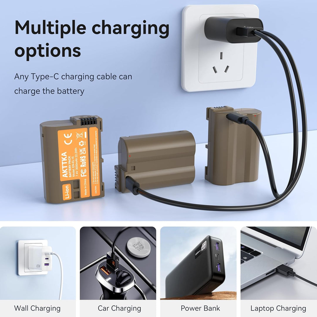 EN-EL15C Akkus 3000mAh (3er-Pack) mit direkter USB-C-Aufladung – Kompatibel mit Nikon EN-EL15/EL15C,