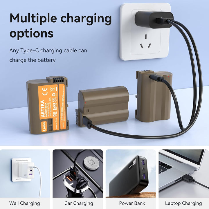 EN-EL15C Akkus 3000mAh (3er-Pack) mit direkter USB-C-Aufladung – Kompatibel mit Nikon EN-EL15/EL15C,