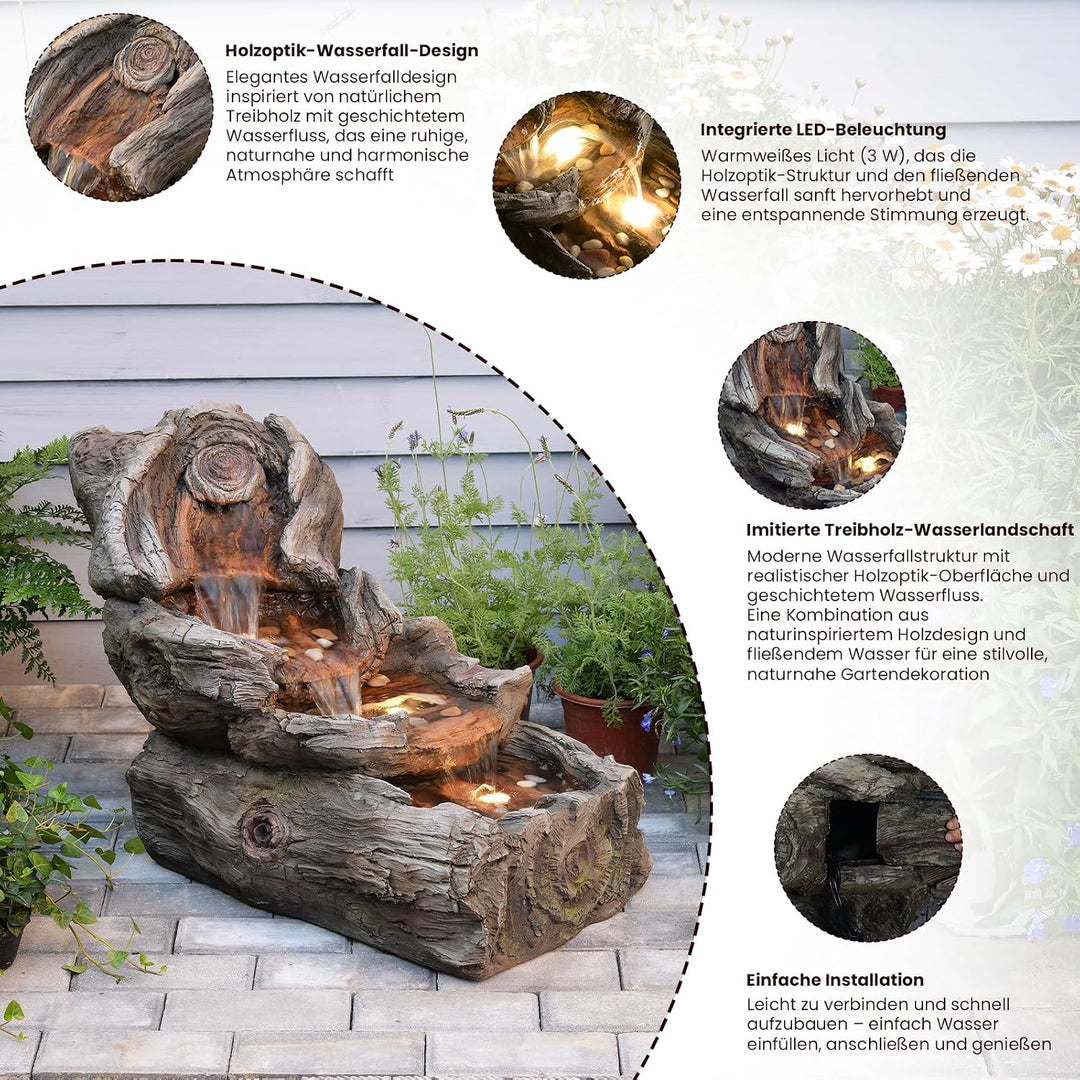 Sunlinua 4-stufige Gartenbrunnen in Holzoptik aus Harz mit LED-Beleuchtung – 80 cm Wasserfall, Garte