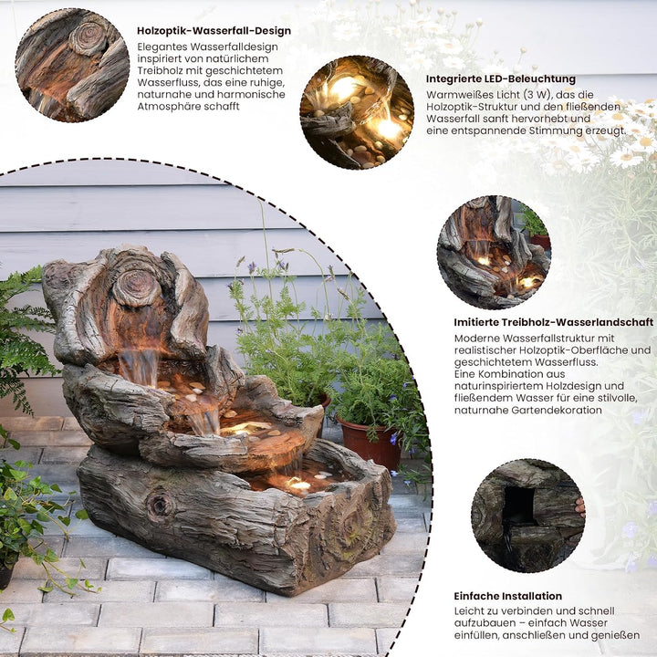 Sunlinua 4-stufige Gartenbrunnen in Holzoptik aus Harz mit LED-Beleuchtung – 80 cm Wasserfall, Garte