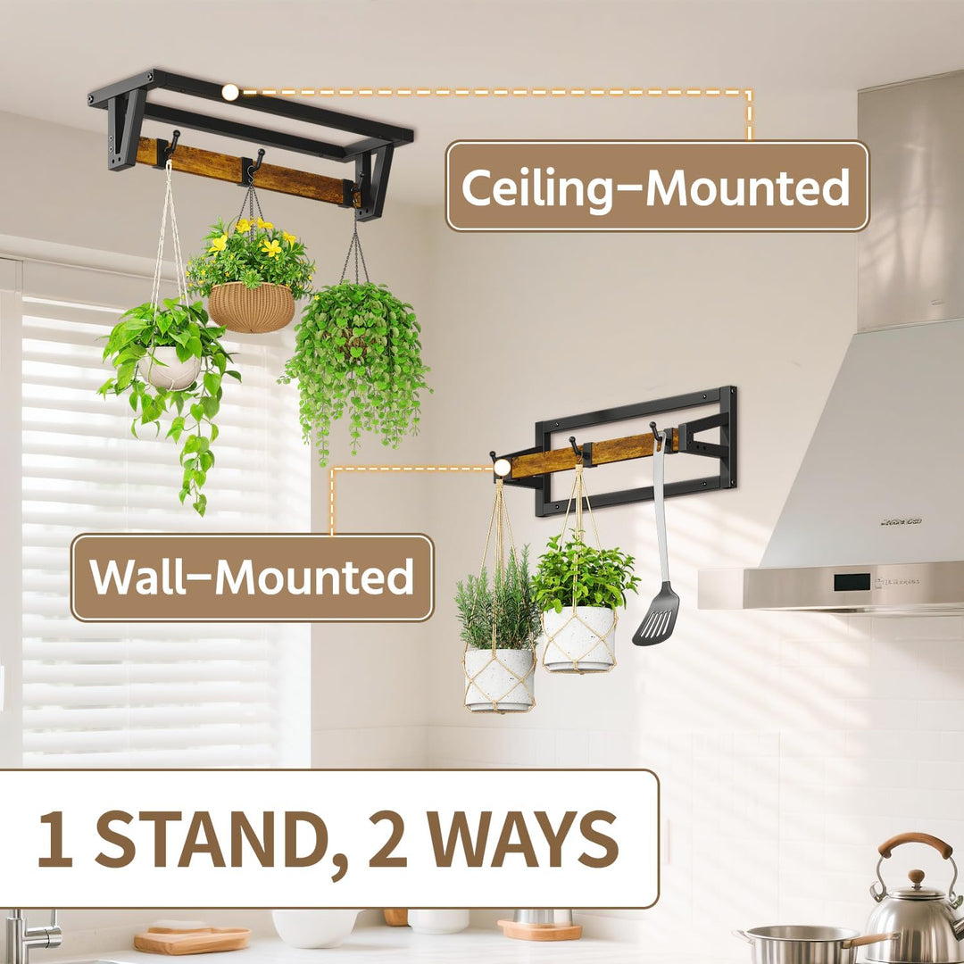 LASZOLA Pack of 2 Plant Stands, Plant Holder Wall with 6 Hanging Hooks, Plant Shelf, Plant Wall Moun