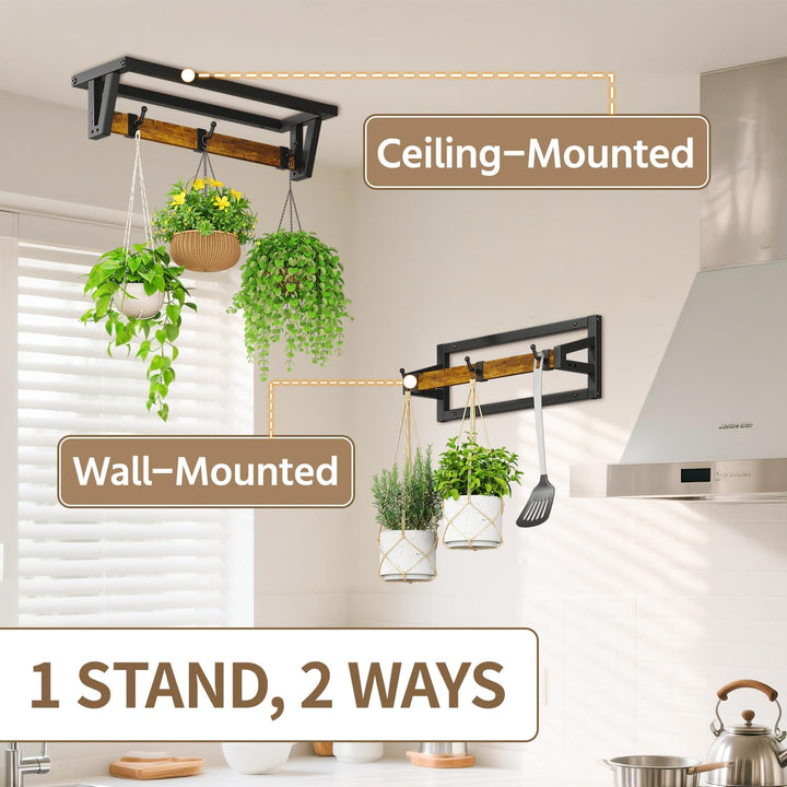 LASZOLA Pack of 2 Plant Stands, Plant Holder Wall with 6 Hanging Hooks, Plant Shelf, Plant Wall Moun