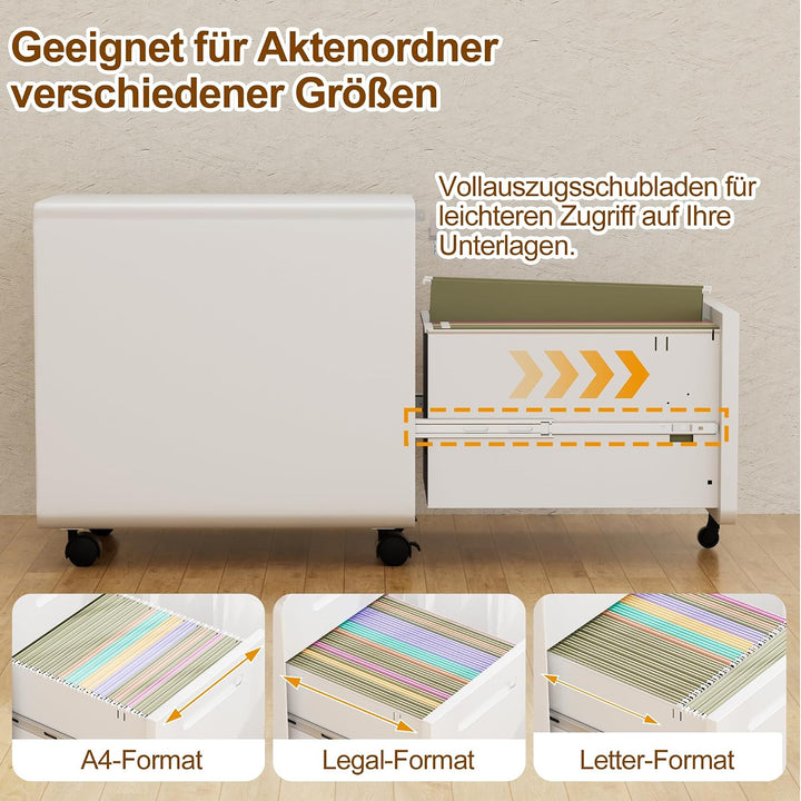 Rollcontainer, Mobiler Aktenschrank mit Schloss, Abgerundeten Ecken, 4 Schlüssel, Druckertisch, Bere