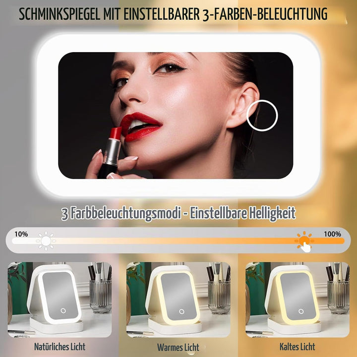 Kosmetiktasche mit Beleuchtetem Spiegel, 3 Farben LED Make Up Tasche, Schminktasche mit Spiegel und
