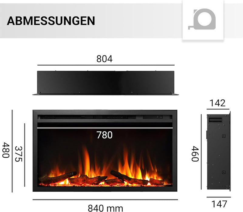 CrownFlame Atalanta 33" Elektrokamin - Elektrischer Einbaukamin mit Heizung 1000/2000 W, realistisch