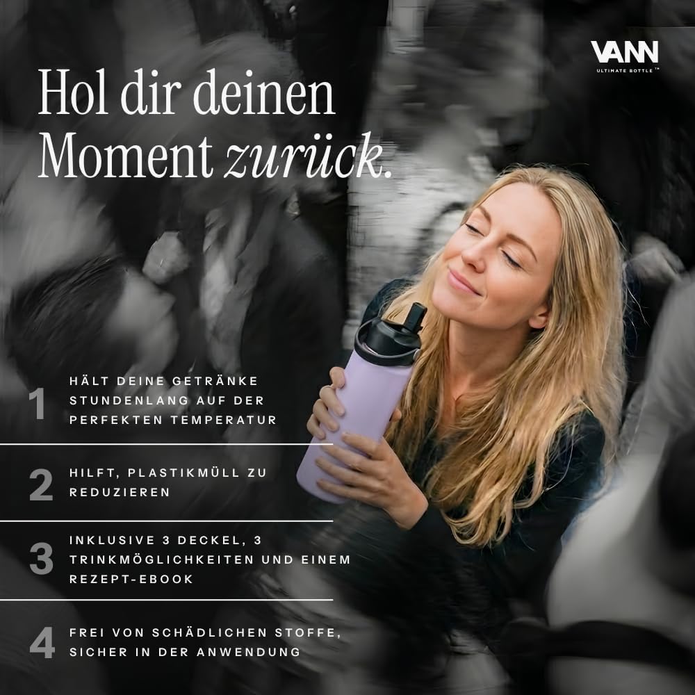 VANN Trinkflasche 650ML mit Strohhalm - 3fach isoliert [24h kalt 12h warm] Love Lila 650 ml, Love Li