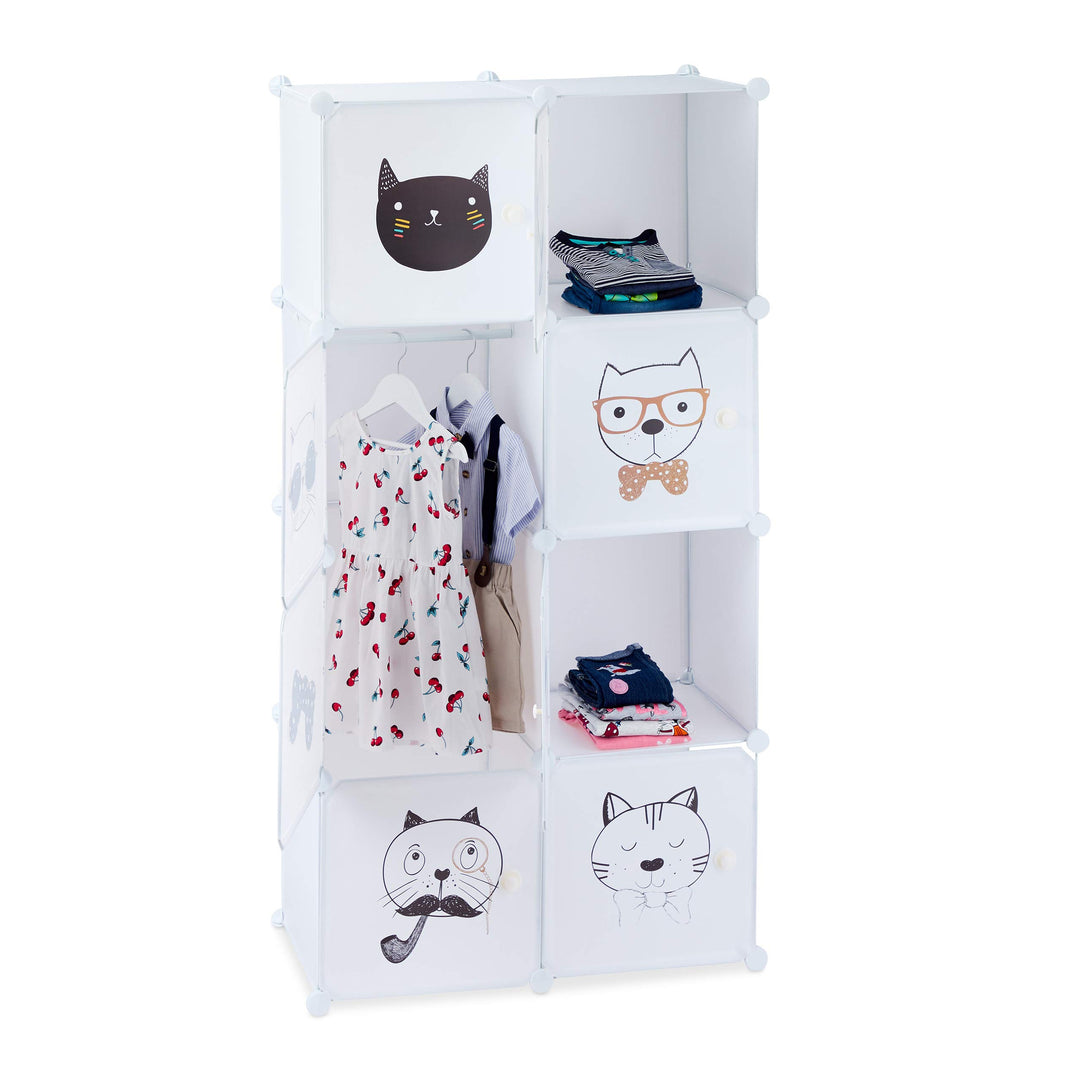 Relaxdays Steckregal Kinderzimmer, Katzen Motiv, 7 Fächer, Kleiderstange, Kleiderschrank HxBxT: 145