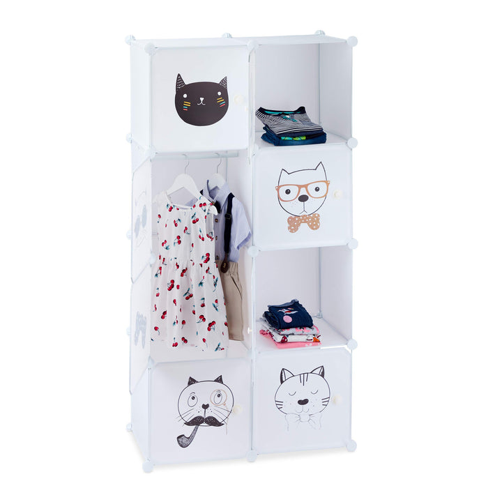 Relaxdays Steckregal Kinderzimmer, Katzen Motiv, 7 Fächer, Kleiderstange, Kleiderschrank HxBxT: 145