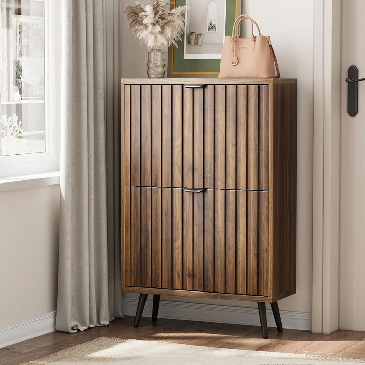 Schuhschrank, 60x24x94 cm, Walnussfarbe, 2 Klappen, 4 verstellbare Fächer, für 8-12 Paar Schuhe