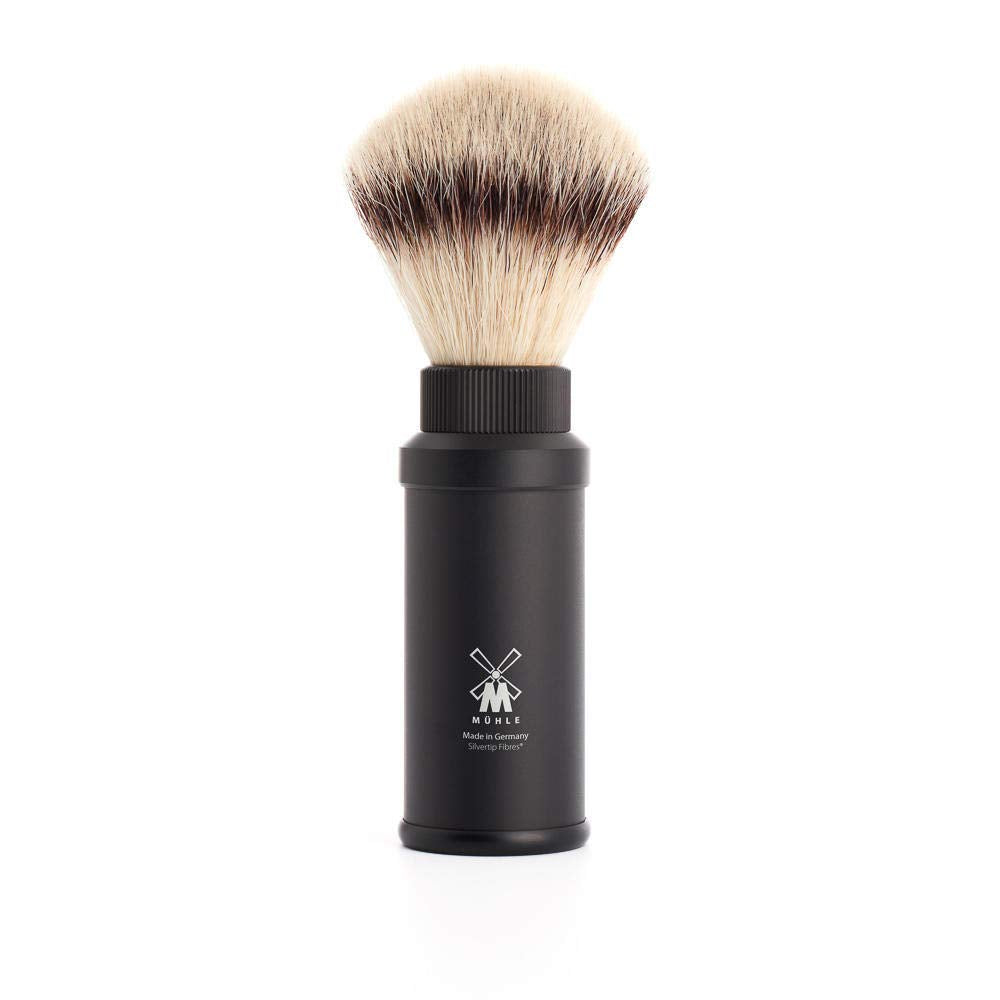 MÜHLE Travel Reiserasierpinsel - Silvertip Fibre Rasurpinsel - Griff aus schwarzem, eloxiertem Alumi