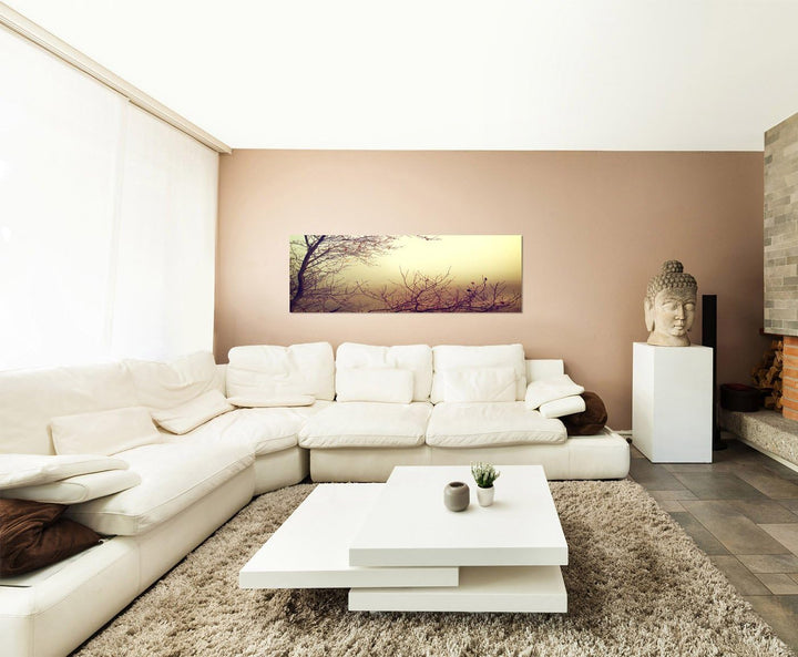 Paul Sinus Art Panoramabild auf Leinwand und Keilrahmen 150x50cm Herbst Bäume Äste Nebel Vintage