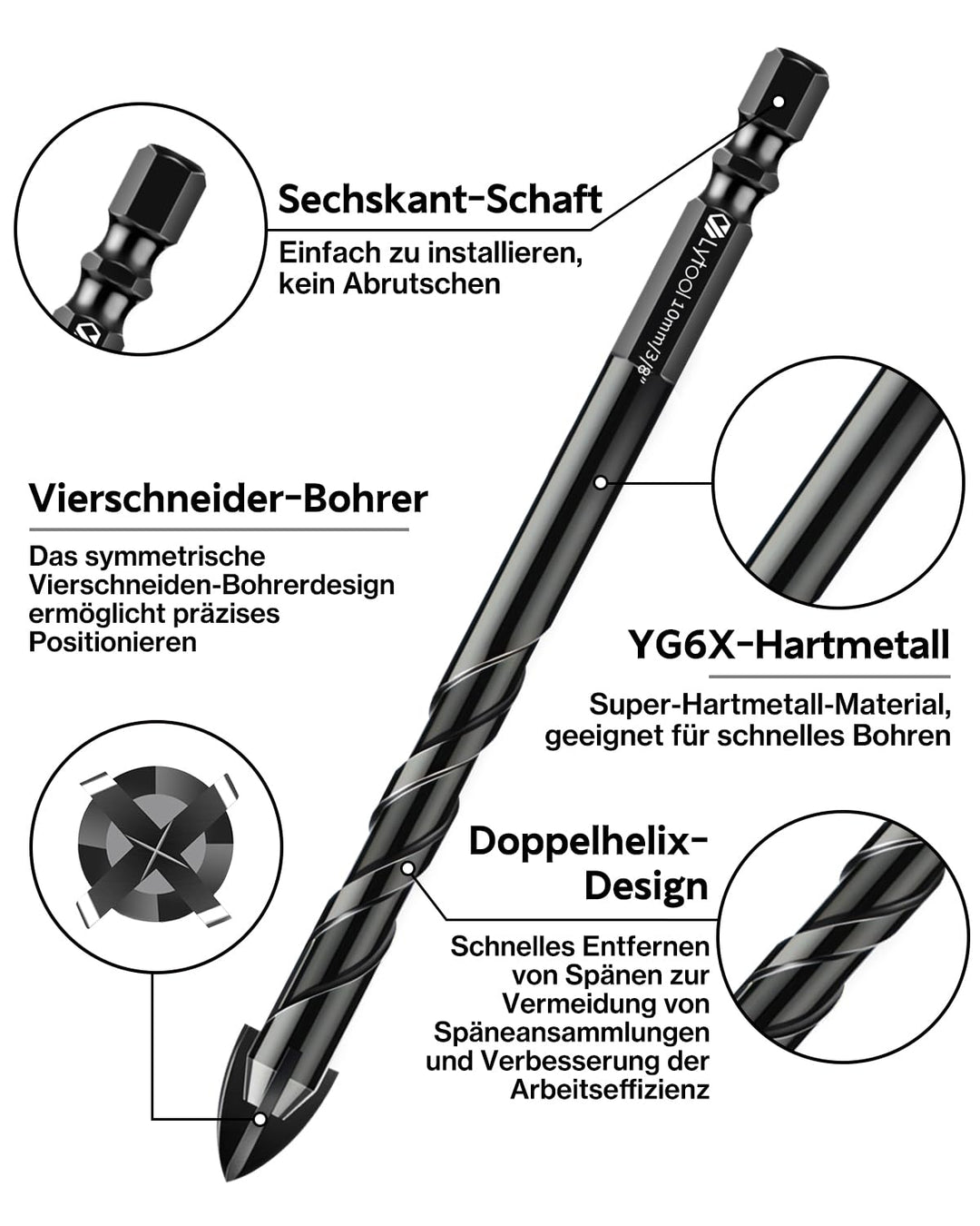 Fliesenbohrer, Lytool 10 tlg.Glasbohrer Steinbohrer Bohrer Set mit Sechskantschaft Universalbohrer f