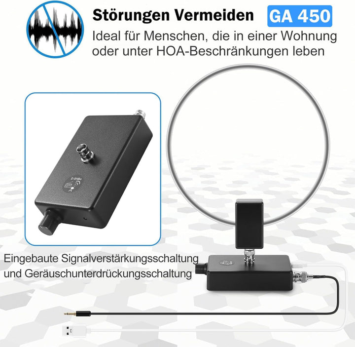 AURSINC Aktive Kurzwellen-Ringantenne GA450 mit BNC-Kabel, SW 2,3–30 MHz, MW 522–1710 kHz – Tragbare