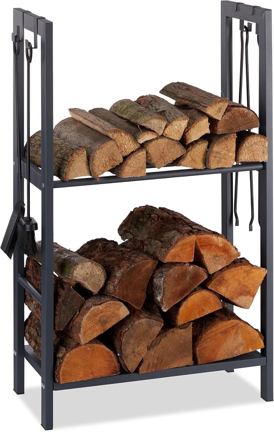 Relaxdays, anthrazit Kaminholzregal mit 2 Ablagen, aus Stahl, 4 Haken für Kaminbesteck, Brennholzreg