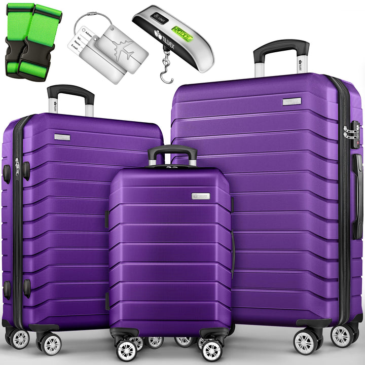 tillvex® Reisekoffer Set 3-TLG. + Gepäckwaage, 3X Koffergurte & 3X Kofferanhänger | Kofferset 4 Roll