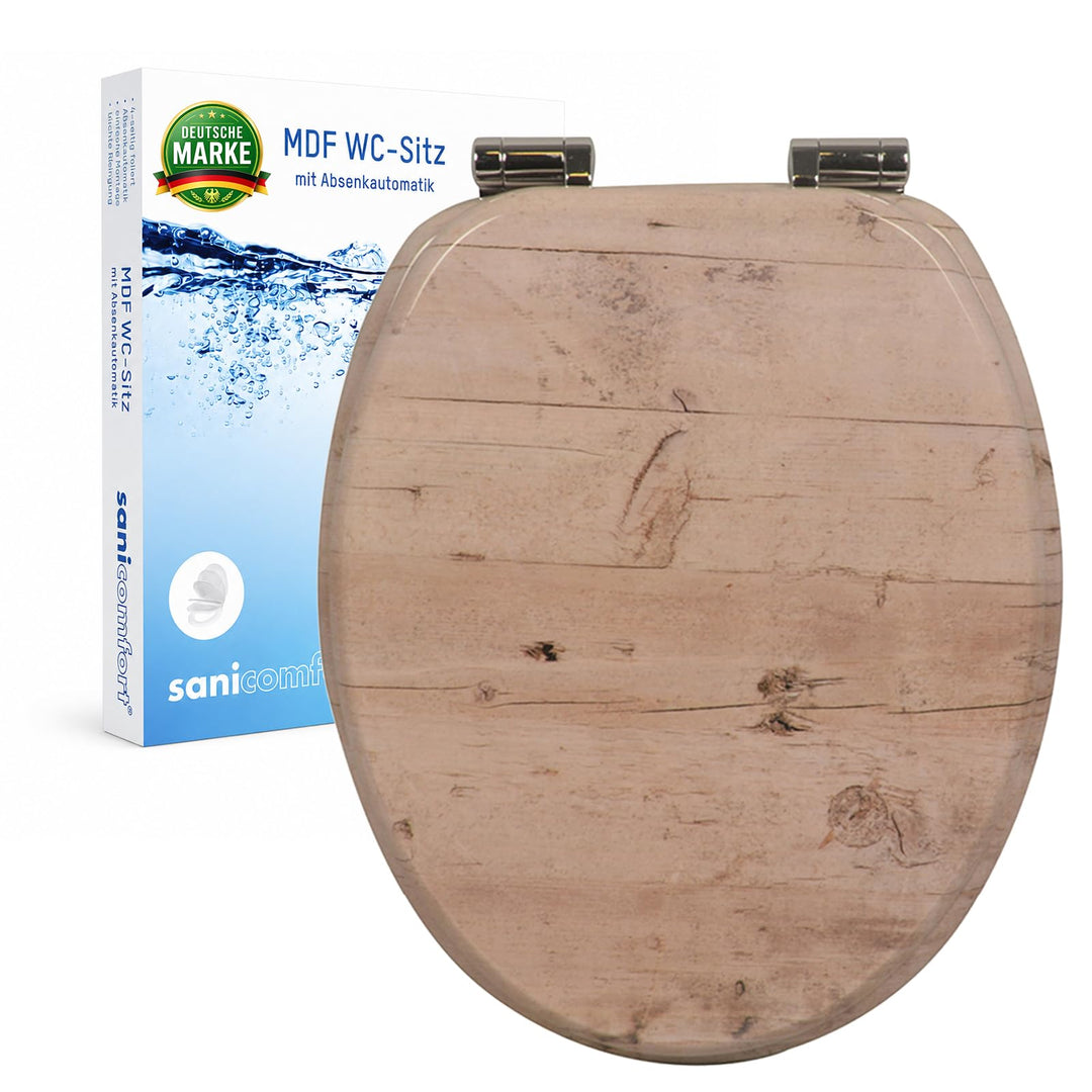 sanicomfort WC Sitz Wood light, MDF Holzkern, mit Absenkautomatik, Toilettensitz mit Klodecken, Klob