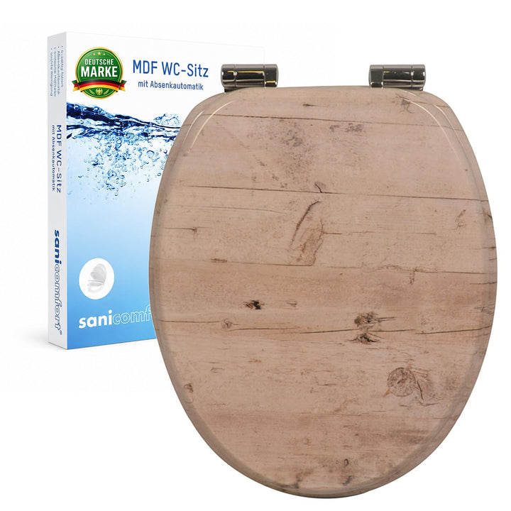 sanicomfort WC Sitz Wood light, MDF Holzkern, mit Absenkautomatik, Toilettensitz mit Klodecken, Klob