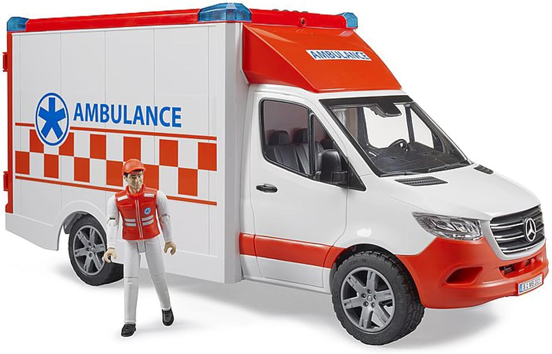 bruder 02676 - Mercedes-Benz Sprinter Ambulanz integriertes Light & Sound Modul Krankentrage Fahrer