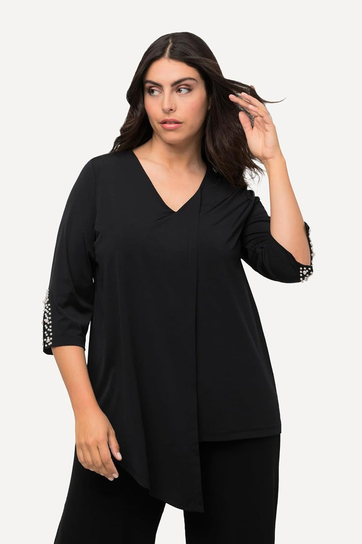 Ulla Popken Damen Asymmetrische Perlendetail Am Ärmel Bluse 50-52 Schwarz, 50-52 Schwarz
