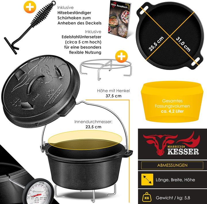 KESSER® Dutch Oven Set BBQ 4,2 Liter, Feuertopf Schmortopf mit Edelstahluntersetzer, Gusseisen Topf