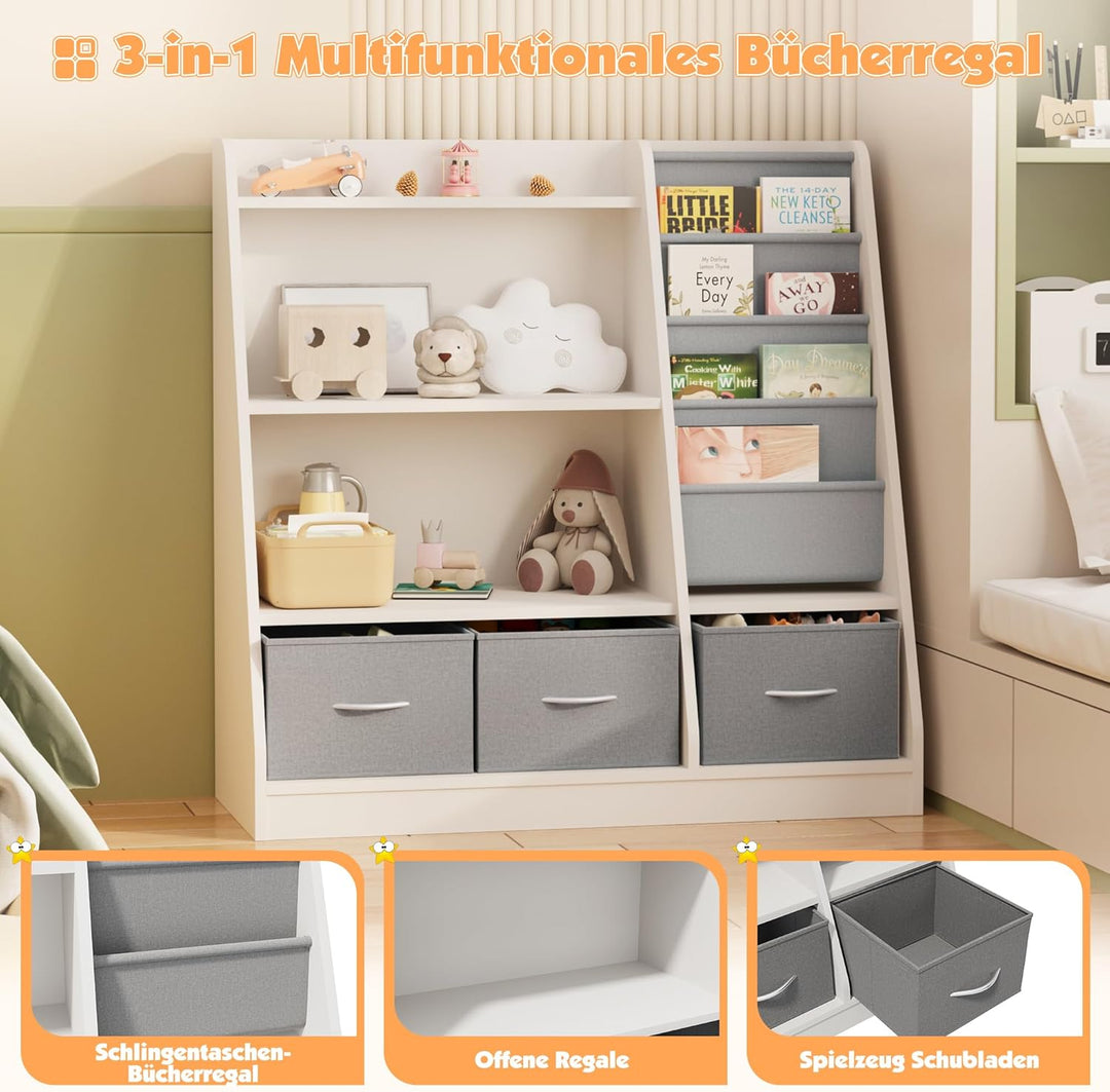 KEEPREAPER Kinderregal mit 3 Aufbewahrungsboxen, Bücherregal Kinder aus Holz mit 4 Ablage & 3 offnen