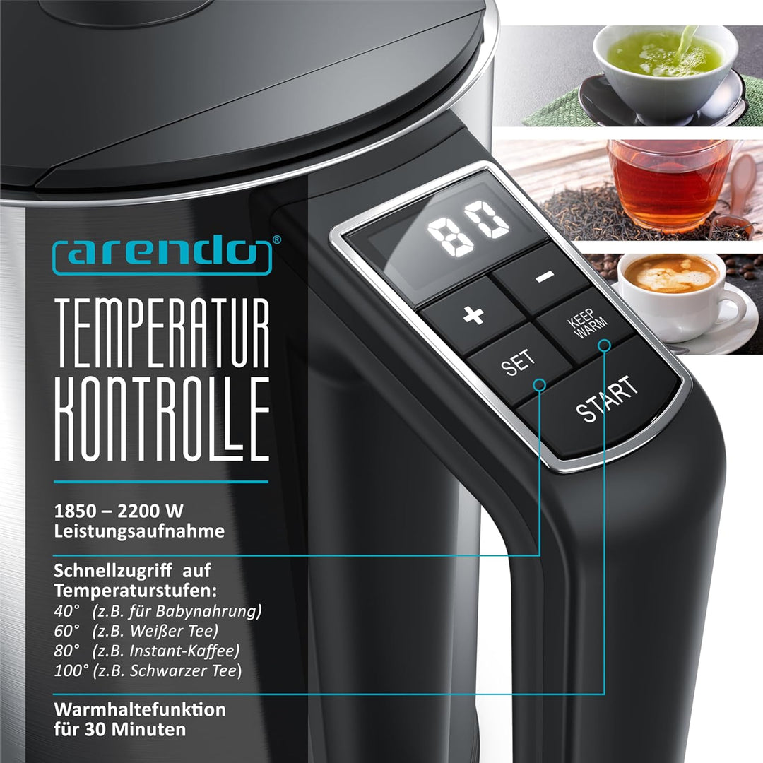 Arendo - Edelstahl Wasserkocher mit Temperatureinstellung 40-100 Grad in 5er Schritten - Doppelwand