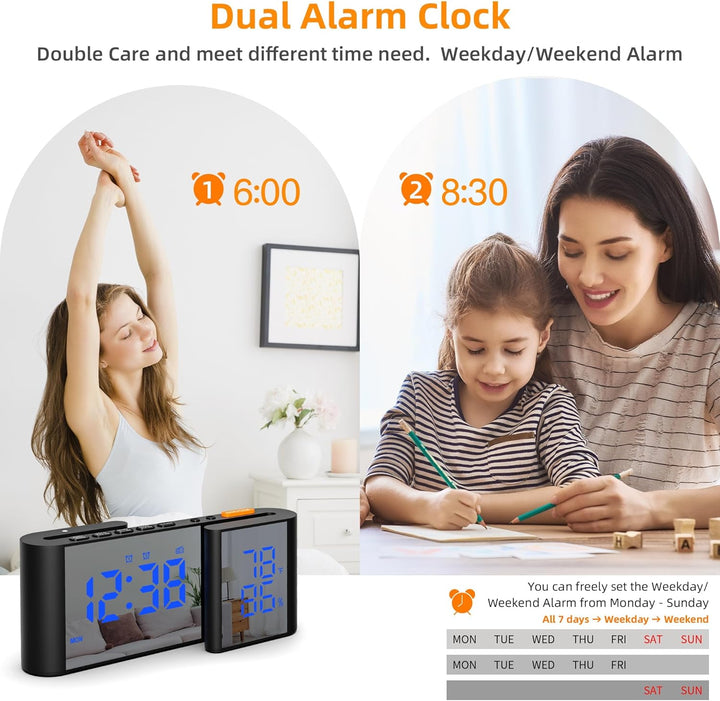 Lancoon Digitaler Radiowecker 6'' Spiegel LED Uhr mit Luftfeuchtigkeit und Temperatur Duale Alarmein