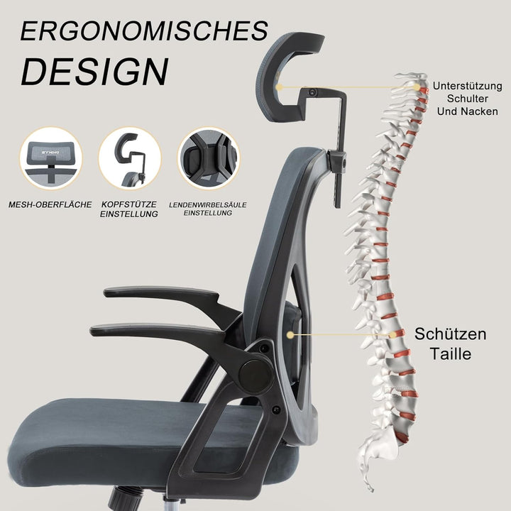 Symino Bürostuhl Ergonomisch, Schreibtischstuhl mit Verstellbarer Kopfstütze, Armlehnen, Lordosenstü
