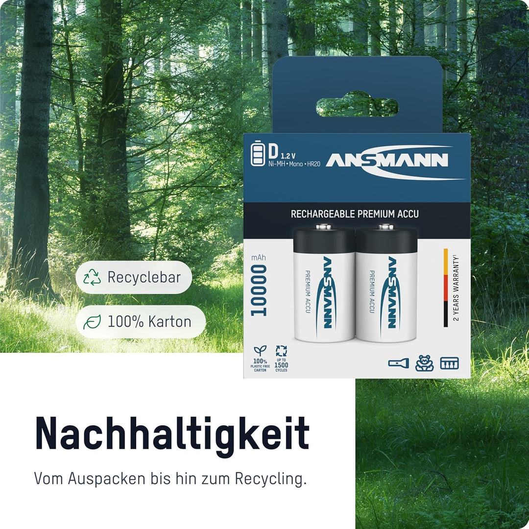 ANSMANN Akku D 10000 mAh NiMH 1,2 V (4 Stück) - Mono D Batterien wiederaufladbar, hohe Kapazität & m