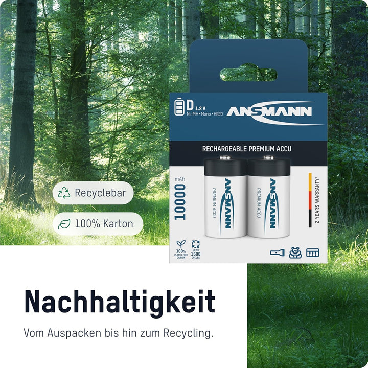 ANSMANN Akku D 10000 mAh NiMH 1,2 V (4 Stück) - Mono D Batterien wiederaufladbar, hohe Kapazität & m
