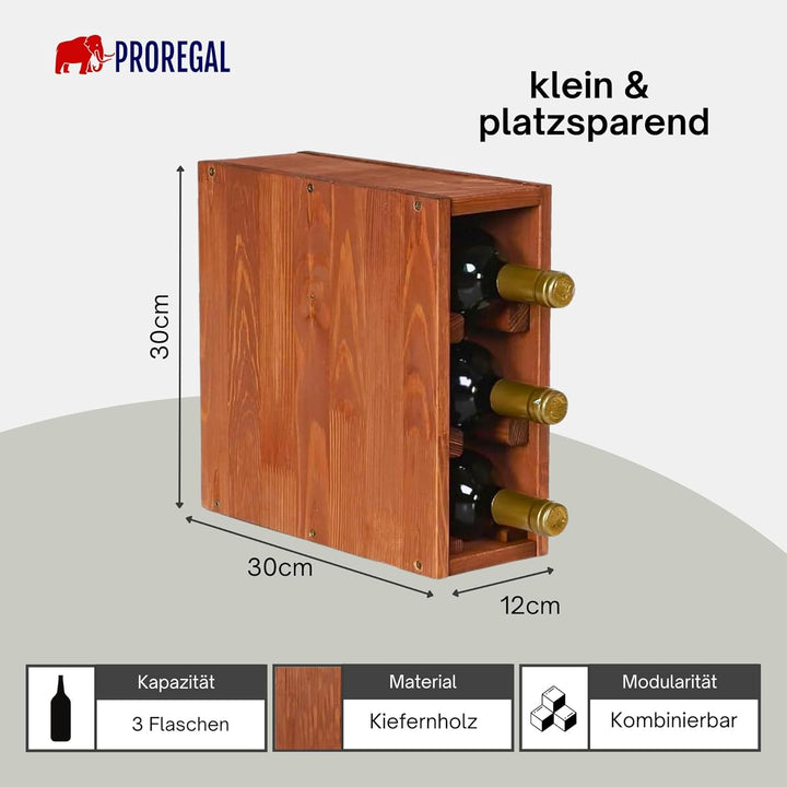 PROREGAL Modulares Weinregal VINCELLAR MOD | HxBxT 30x12x30cm | Schmal Modul für 3 Flaschen | Massiv