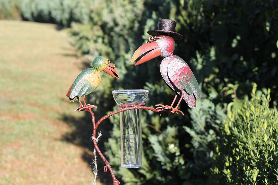Unbekannt Regenmesser Gartenstecker Rabenpaar Vogel Metall Glas Bunt H 136 cm°