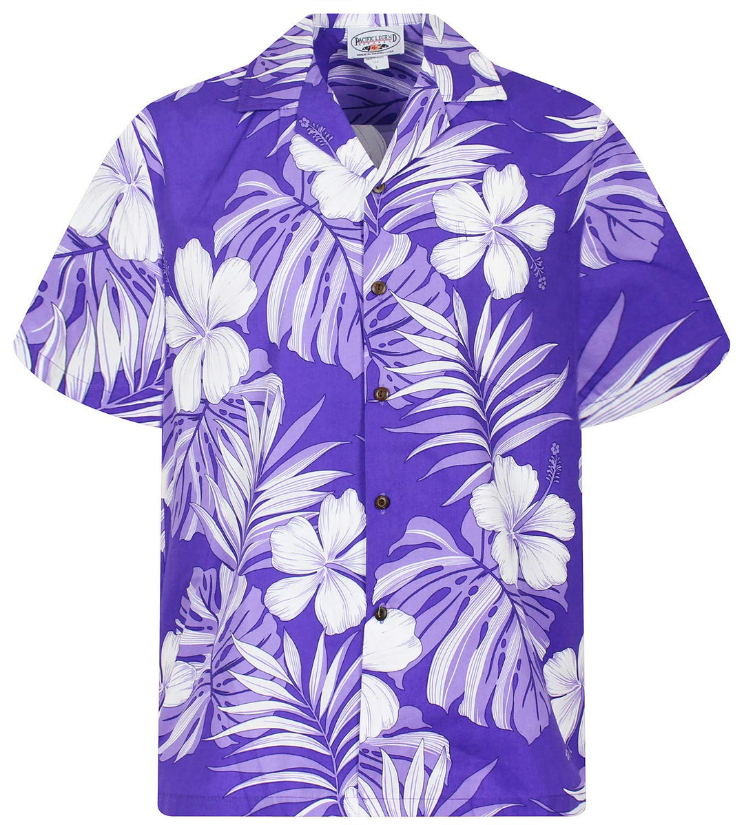 P.L.A. Pacific Legend Original Hawaiihemd, Kurzarm, Weisser Hibiskus, Violett, M