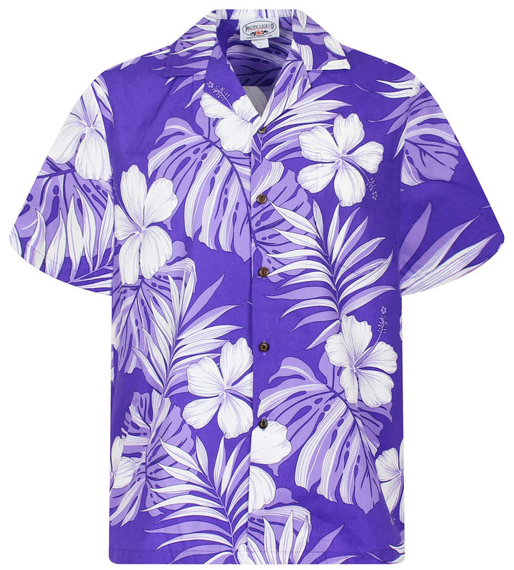 P.L.A. Pacific Legend Original Hawaiihemd, Kurzarm, Weisser Hibiskus, Violett, M