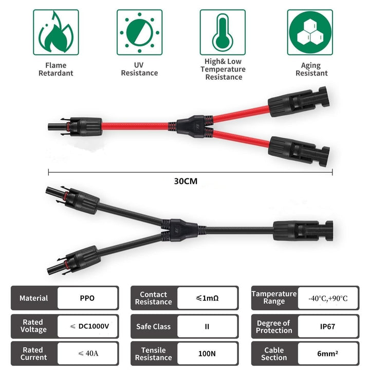 GENORTH 6 mm² Solarkabel Y-Verteiler 3 Paar,1Y2 Solarpanel Y Stecker 10AWG Y Stecker Fotovoltaik Kab