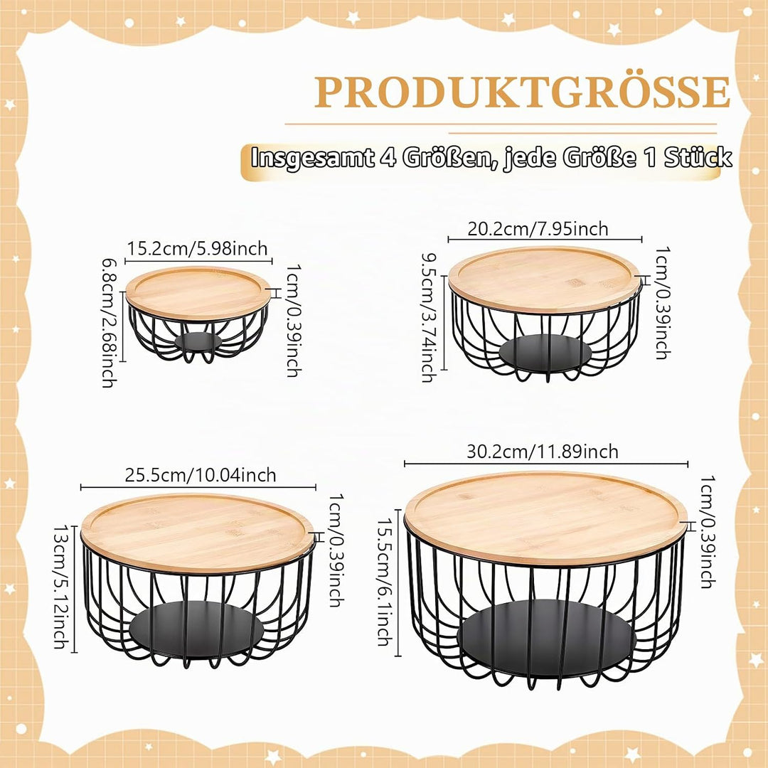 4 Stück Obstkorb Für Die Küchentheke Runder Obstkorb (4 Grösse) Mit Holzdeckel Küchenabfalleimer Für