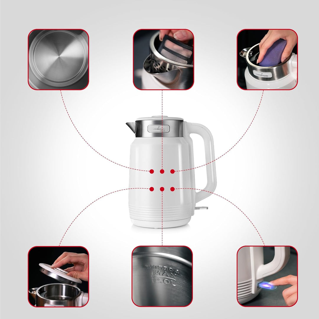 LEHMANN Elektrischer Wasserkocher Edelstahl 2L, 2200W, Schnelles Aufheizen, Doppelwand Design, 360°